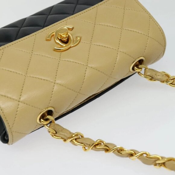 CHANEL Matelasse Chain Shoulder Bag Lamb Skin Beige Gold black CC Auth PP908 - Picture 7 of 16